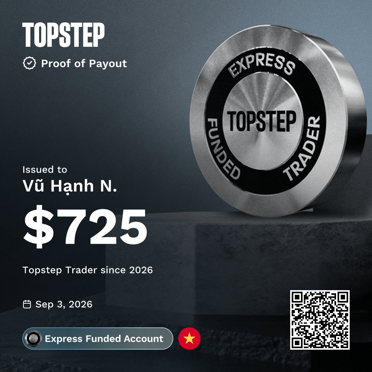 Screenshot of a $725 Topstep payout approval posted by @TraderTeaH2T on X.