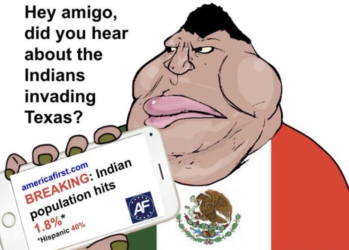EternalKapo's tweet photo. I wish there was a mass campaign to inform the American public just how harmful Hispanics are to the country. Unfortunately the prevailing belief somehow still seems to be that they are “hard working natural conservatives.” 
Whatever one thinks about their work ethic and ability to assimilate is irrelevant though, as they constitute the largest demographic threat to White Americans in history and are the fastest growing minority with the highest TFR and most immigration. The good news is that a few years ago Indians were likewise viewed extremely positively by Americans and a mass online campaign directed at exposing their true nature has succeeded at tilting the public opinion of them on it’s head. However what most people don’t know is that much of that campaign was propagated by a large network of Pakistanis who coordinated their efforts. I don’t know what demographic can be utilized that would hate the Latinx as much as Pakistanis hate Indians. Another hurdle is the number of Hispanics on here disguising themselves as White and directing White anger away from them and towards other groups. It’s important to familiarize oneself with their usual responses which is to call you a Jew or an Indian. Operation “Yeet the Jeet” was successful now it’s time to pivot to “Cleaner without the Beaner”