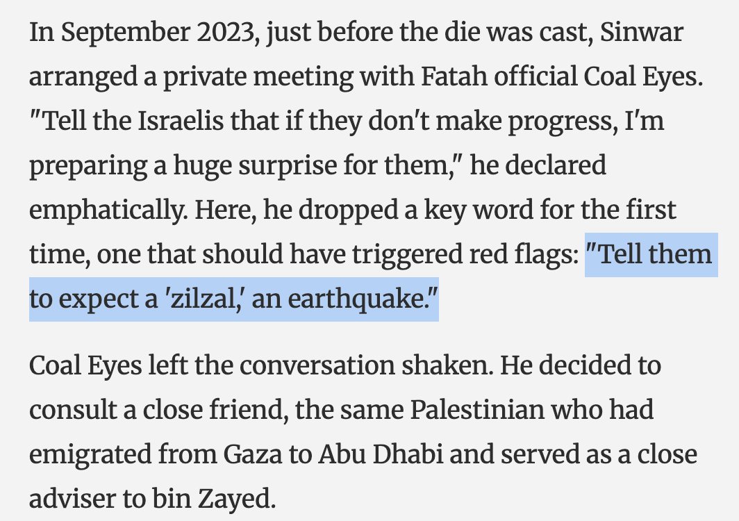 ryangrim's tweet photo. Even more extraordinary than the fact that the UAE warned Netanyahu about Hamas' potential attack is where MBZ got the information: 

From Yahya Sinwar, who was frustrated that Netanyahu had effectively reached a deal with Hamas but was refusing to finalize it. From Ha'aretz: https://t.co/z5ZnuTPLVK
