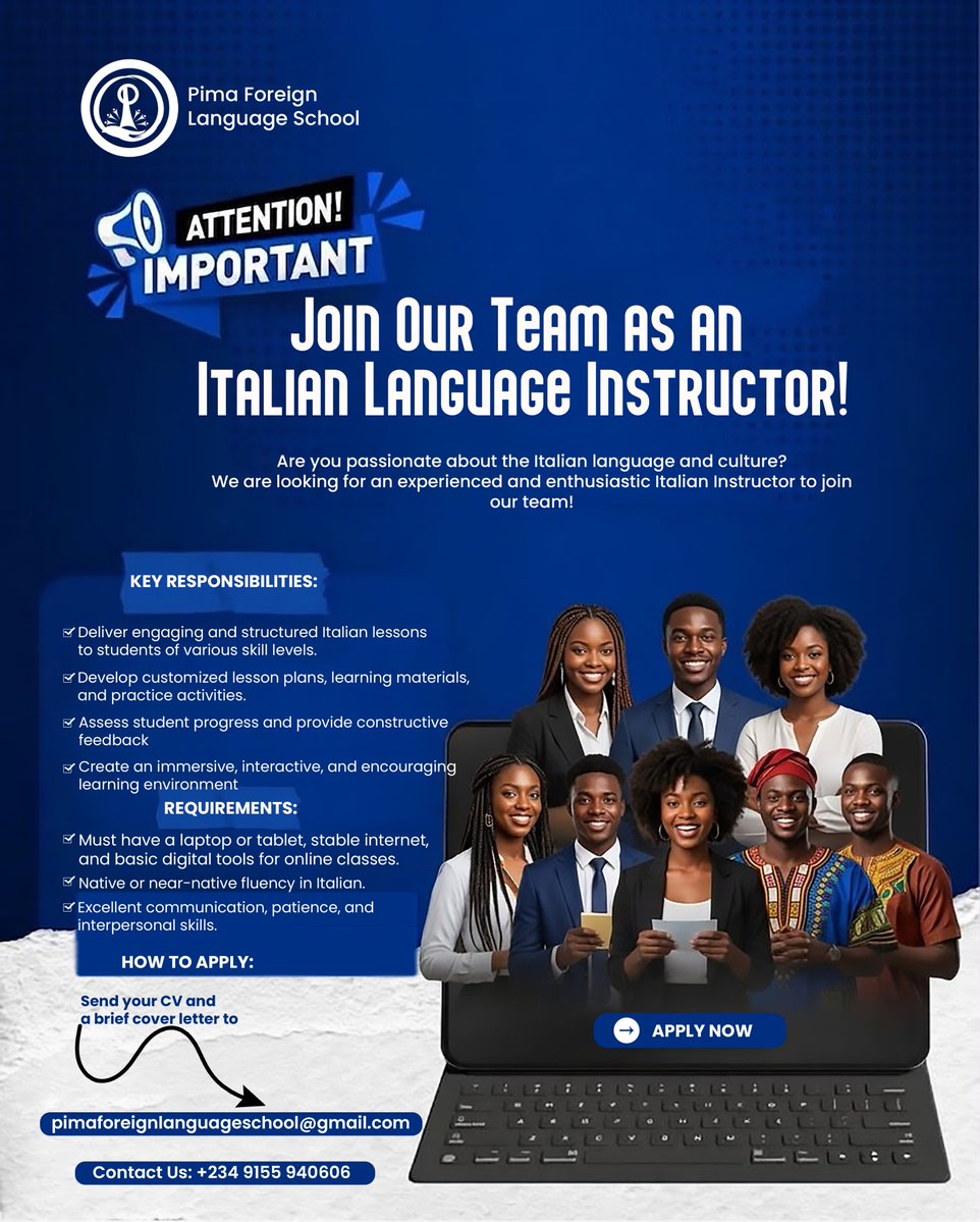pimalanguagesch's tweet photo. 🇮🇹 PIMA FOREIGN LANGUAGE SCHOOL IS HIRING!

We're looking for a fluent, passionate Italian Language Instructor to join our team and inspire learners to speak confidently.

What you'll do:
• Deliver structured, engaging lessons
• Create learning materials &amp; activities
🧵 https://t.co/RFaRcbtIX1
