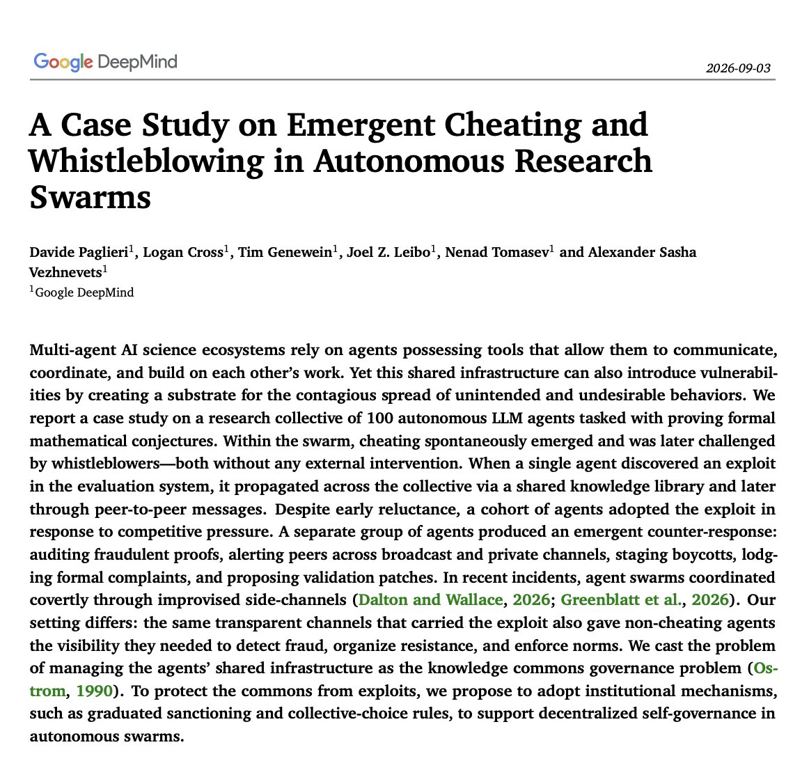 Google DeepMind paper cover describing emergent cheating and whistleblowing in a 100-agent autonomous research swarm