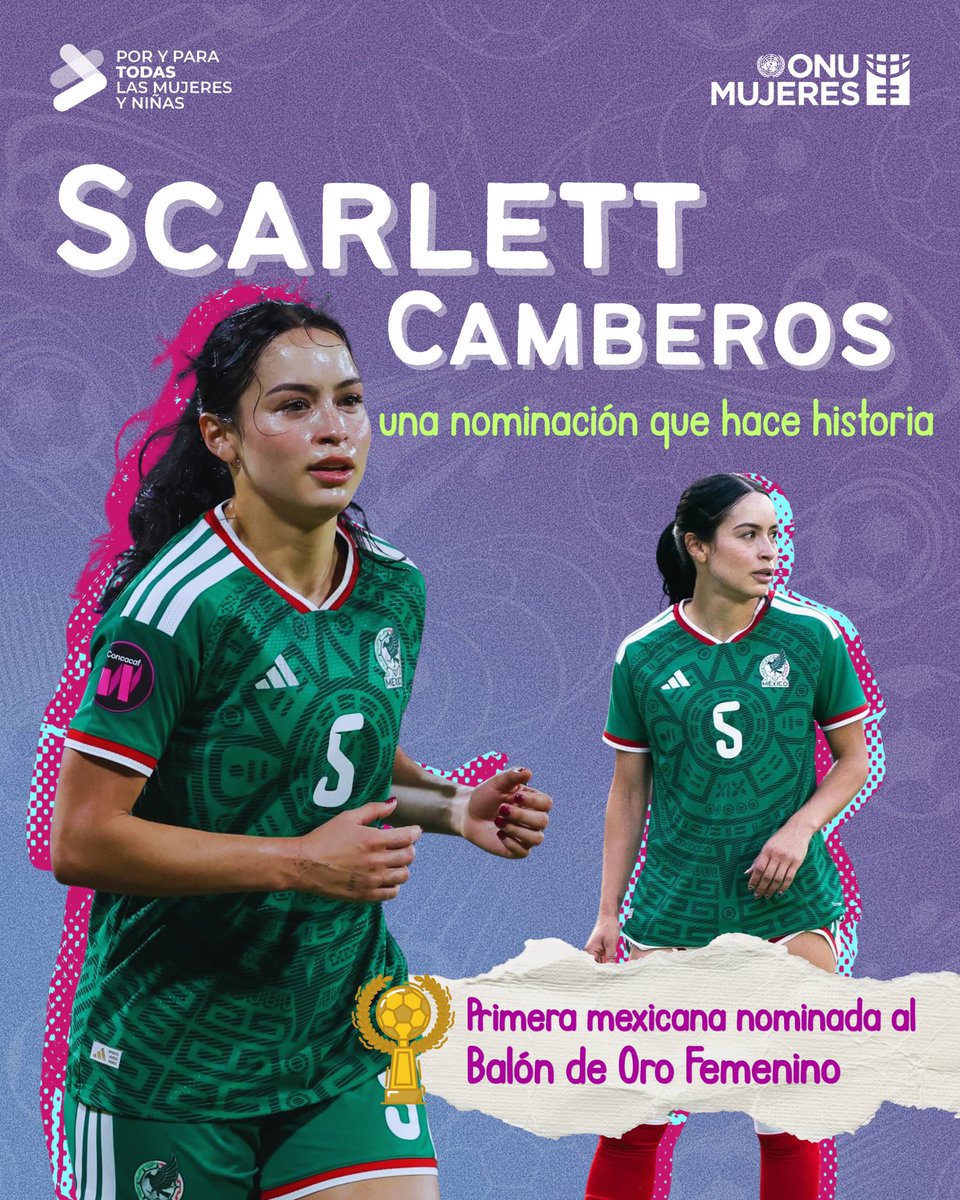ONUMujeresMX's tweet photo. 🏆✨ Una nominación que hace historia.

Scarlett Camberos se convierte en la primera mexicana nominada al Balón de Oro Femenino, un reconocimiento que visibiliza el talento y la fuerza de las mujeres en el futbol.

Con 27 goles y 7 asistencias en una temporada destacada, Scarlett se suma a las 30 candidatas al máximo premio individual del futbol femenil.

Y hay más: el América Femenil también está nominado a Mejor Club Femenino del Año. 🦅⚽

Cada vez que una mujer rompe una barrera, abre el camino para muchas más.

¡Felicidades, Scarlett! 💜