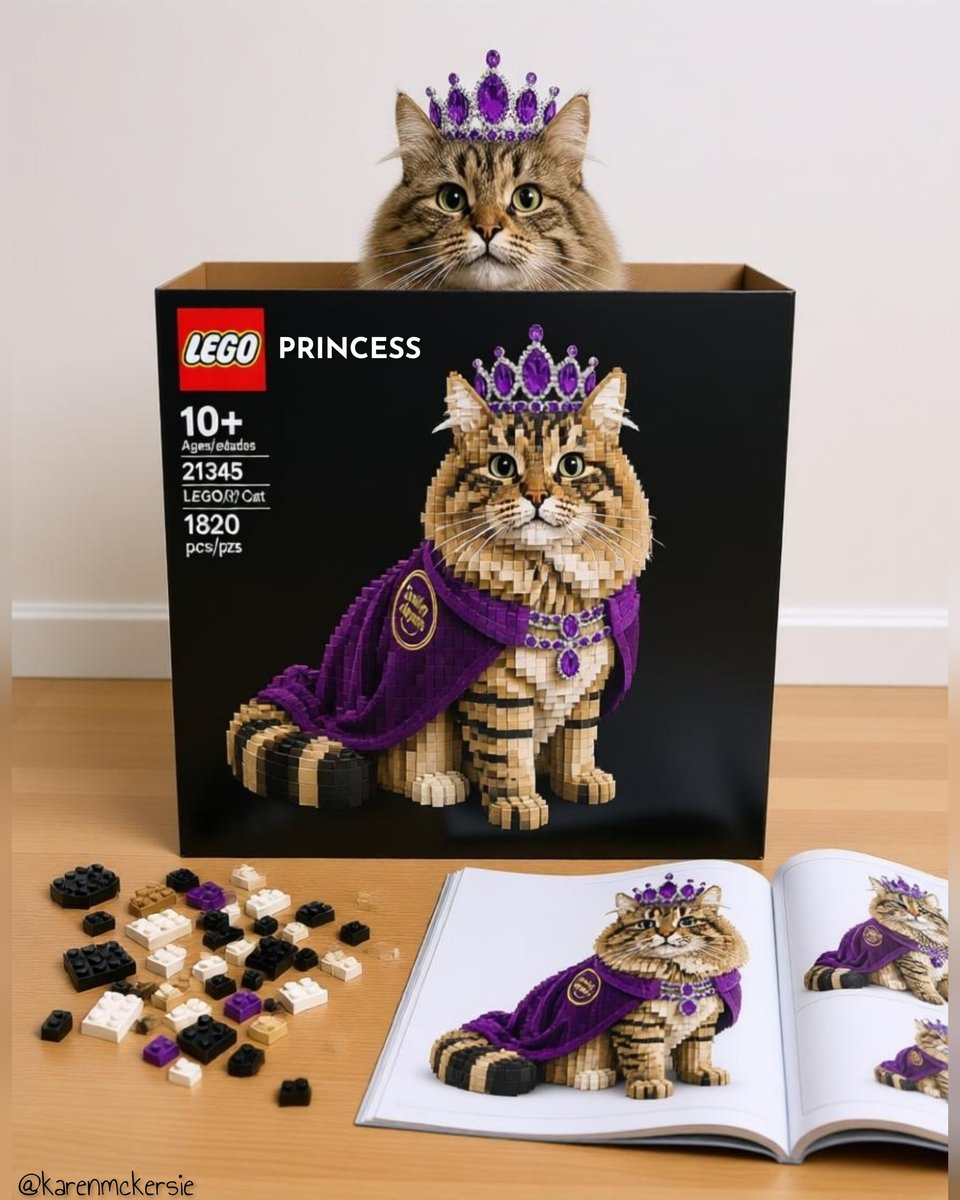 karenmckersie's tweet photo. 😻👑🧱 Also Introducing "LEGO PRINCESS!" She is so excited you can now build her with Lego Bricks thanks to Ai! 😻👑🧱 #AiArt #Cat #MyPet #Lego #Princess https://t.co/XQCvIBOLRc