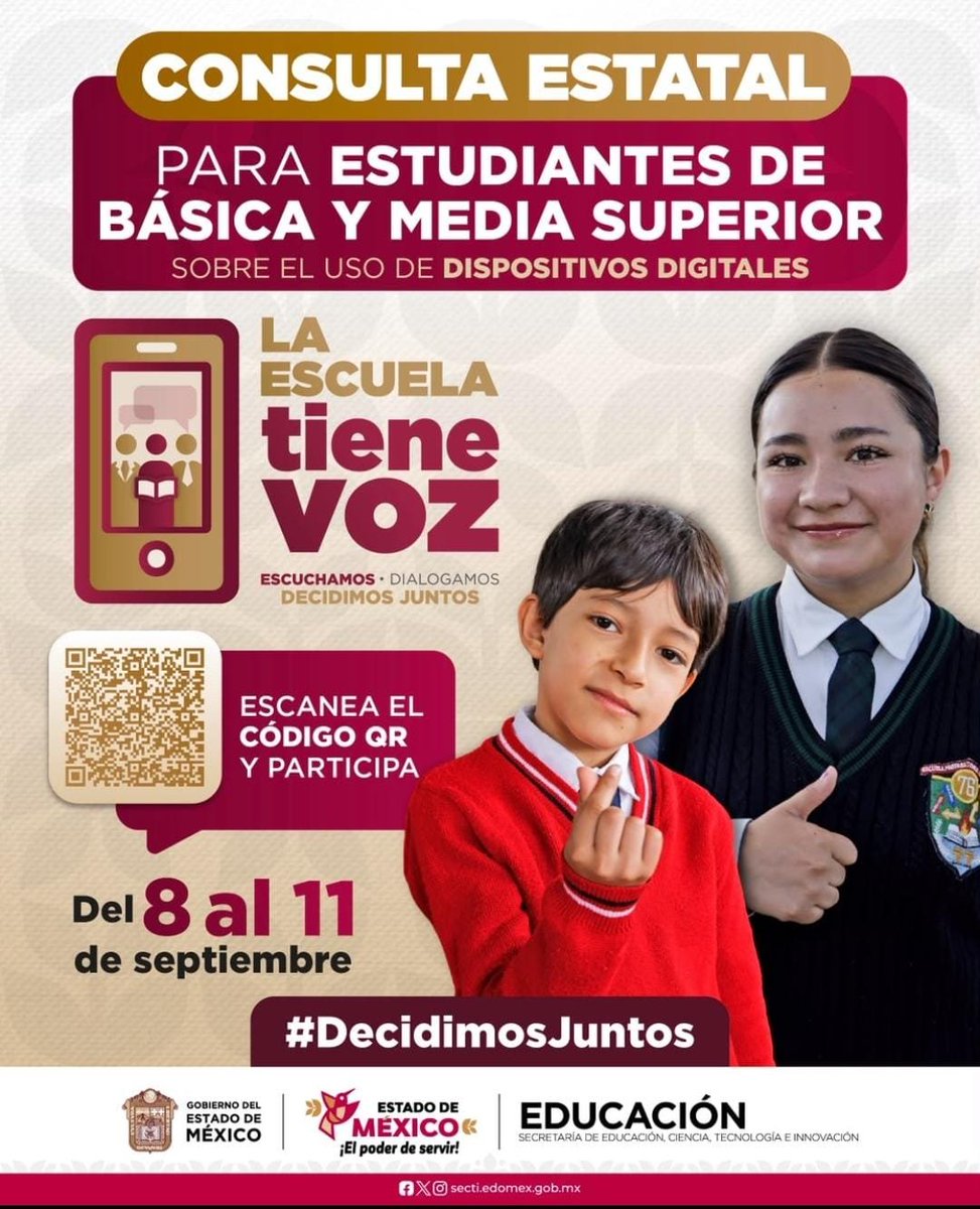 15ees0222a's tweet photo. 📢 ¡Madres, padres, tutores y estudiantes de #EducaciónBásica y #MediaSuperior del #EdoMéx! ✨

🗓️ Del 8 al 11 de septiembre, participa en la consulta estatal sobre el uso de dispositivos digitales.📱

📱 Ingresa a: https://t.co/QmMuOOH7jt https://t.co/VPsbAKYZOG