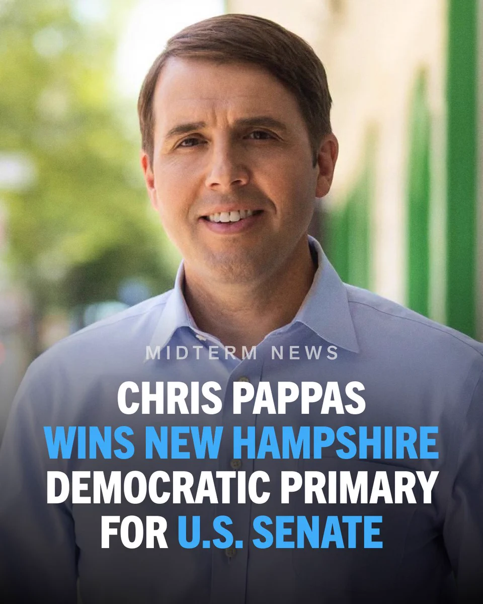 An image of Chris Pappas smiling. Text overlaid reads, "Midterm news: Chris Pappas win New Hampshire Democratic primary for U.S. Senate."