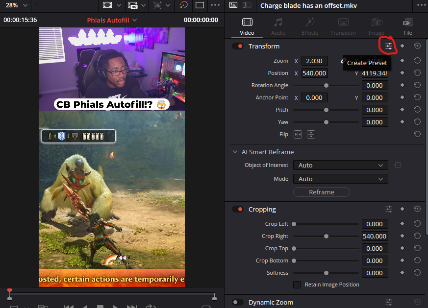 ObeezyLive's tweet photo. In Davinci Resolve Version 21.1 you now have the ability to save transformation presets!

If you're a gaming short form video creator, this is clutch because now you can quickly and easily position your camera and gameplay in just a few clicks. All while keeping everything consistent!

All you have to do is click on your video clip, then in the inspector click on the abacus icon to create a preset. Now in the future all you have to do is load your preset from the same menu  and you're good to go!