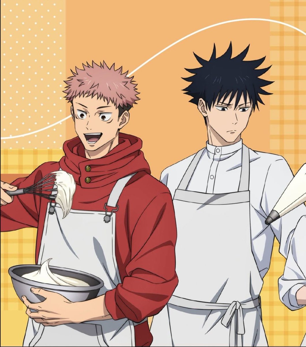 itadoriism's tweet photo. yuuji teaching megumi how to bake and dabbing a little whipped cream on his nose and megumi is so flustered he has to just turn around https://t.co/uTBo7rYPN2