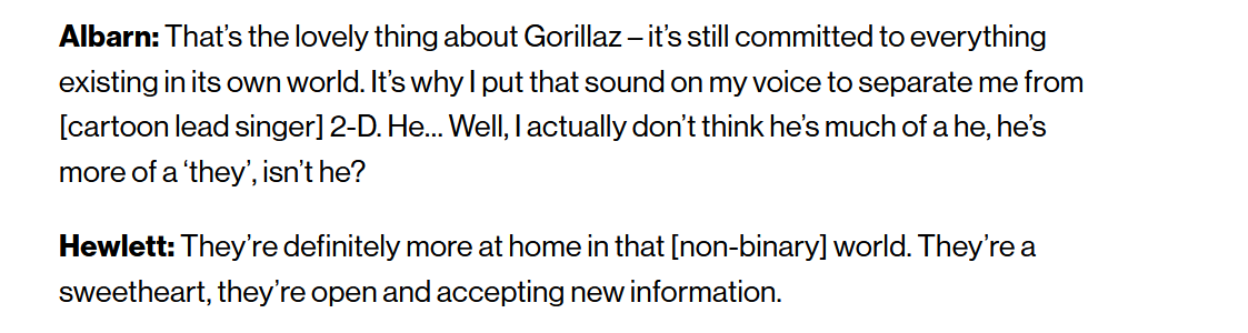 Snake0fWrath's tweet photo. ((TIL 2-D from #Gorillaz is canonically non binary!! 

Damon Albarn and Jamie Hewlett confirmed their identity in a 2025 interview with Dazed when discussing Gorillaz' latest album, the mountain. 

  https://t.co/lUrcjCHTpl https://t.co/2KiB8SYUn7