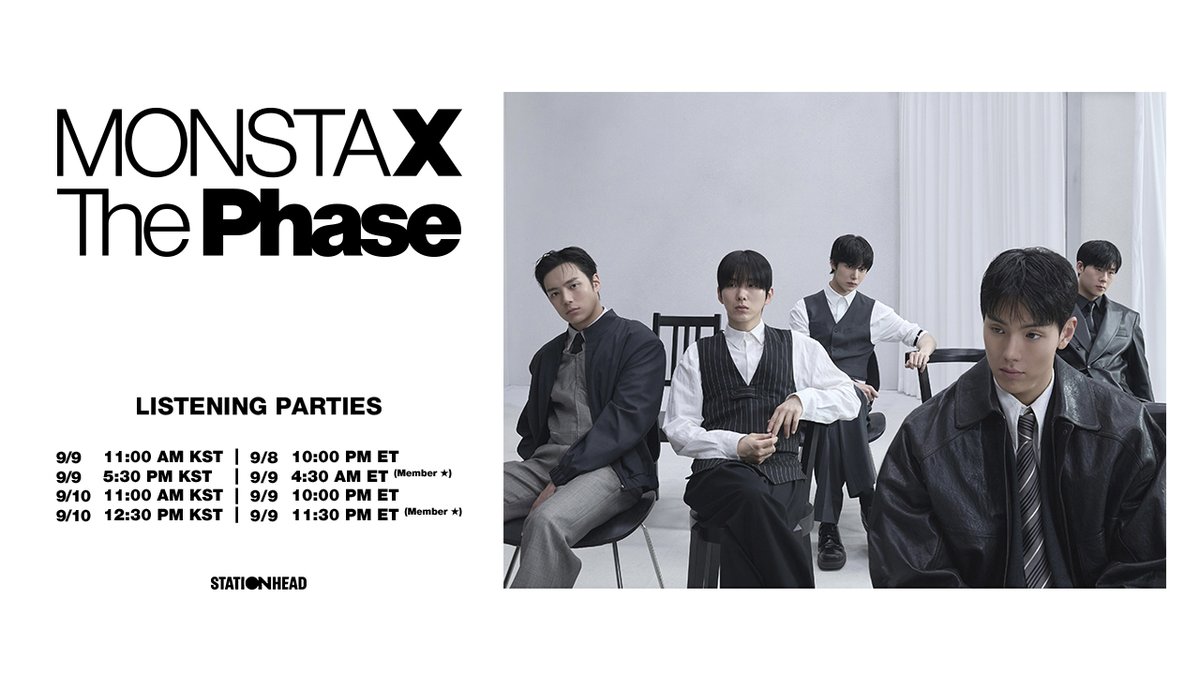OfficialMONSTAX's tweet photo. Another The Phase Listening Party on @Stationhead is here! 
Come join us, MONBEBE, and let’s enjoy the excitement together🖤

▶️ https://t.co/P2pqWwLxDg

#MONSTAX #몬스타엑스
#ThePhase #MAGIC https://t.co/32Kjlyd8bj