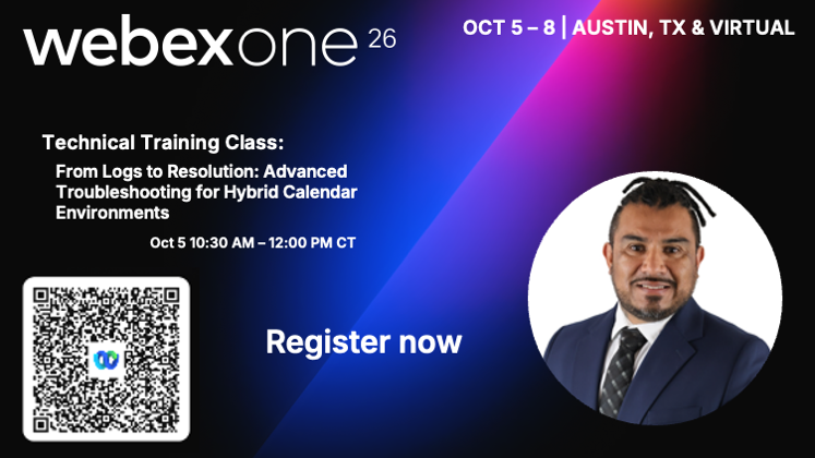 vizcainovich's tweet photo. I’m excited to share that I’ll be presenting at Webex One 2026 in Austin, Texas next month!
In my session, I’ll take Hybrid Calendar and break it down step-by-step to show how easy it can be to troubleshoot, understand, and get to the root of an issue.
#WebexOne2026 #Webex https://t.co/vRAExNvkhu