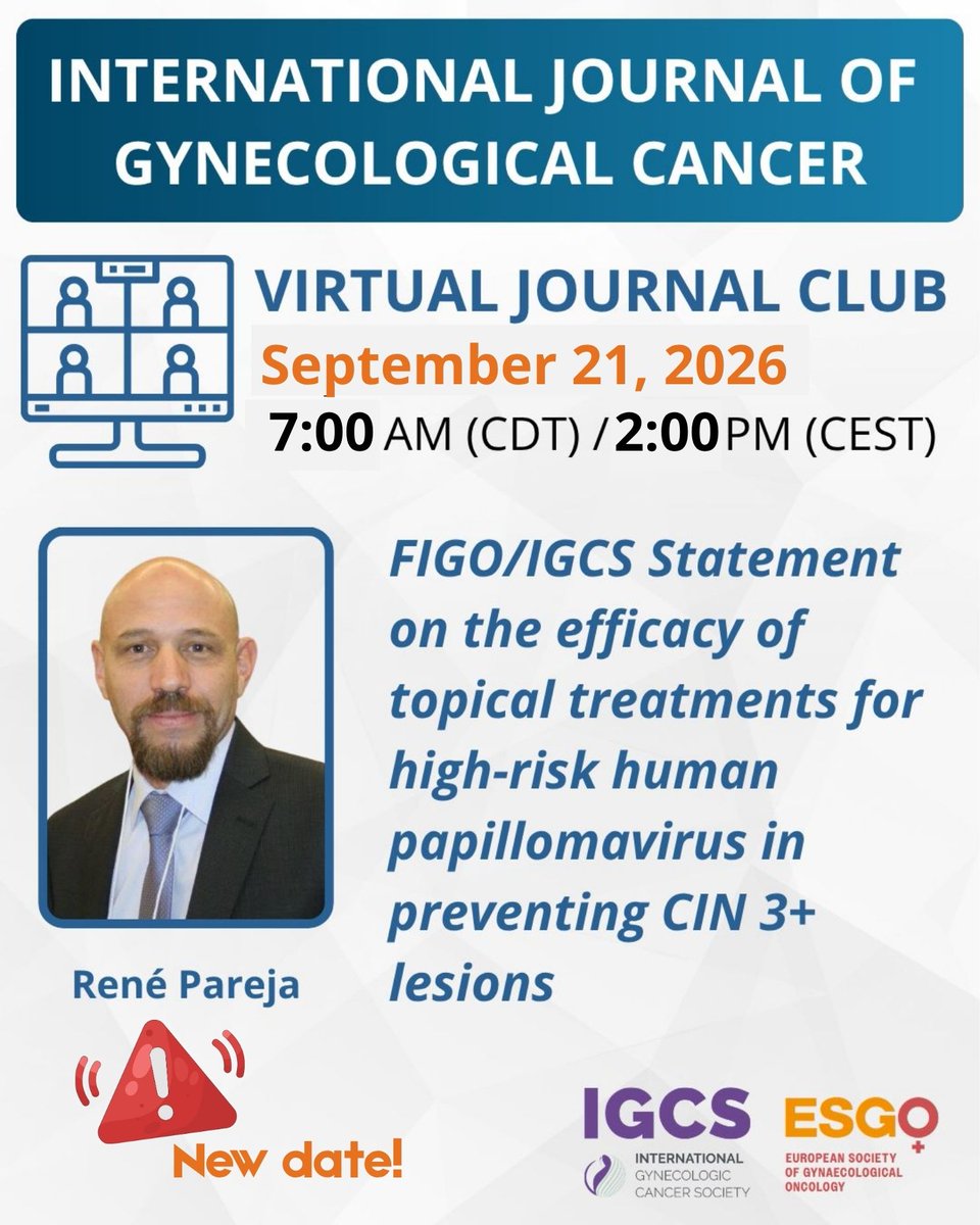 IJGConline's tweet photo. ⚠️ New date alert!! #IJGCclub!
🗓️ Sep 21 | 7:00 am CDT / 2:00 pm CEST
📖 FIGO/IGCS Statement on the efficacy of topical treatments for high-risk human papillomavirus in preventing CIN 3+ lesions with René Pareja @RParejaGineOnco

💻  https://t.co/U879Rhb83X

#LeadArticle #IJGConline #Research #Prevention #Treatment #Diagnostic #GynCancer #GynOnc #WomenHealth #SoMe #SoMe4GynOnc

@pedroramirezMD @RParejaGineOnco @HsuMd @JayrajAarthi @AndreFernandes2 @IGCSociety @ESGO_society @ENYGO_official @OncoAlert @IJGCfellows @GynMe4 @Suvidyasingh20 @ohadfeld
