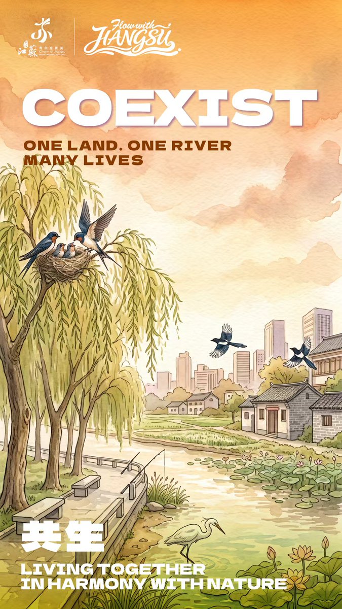 FlowwithJiangsu's tweet photo. COEXIST 🕊️ 
Nature doesn’t stop at the edge of a city.
Birds soar above our streets, gather along our rivers, and share the spaces we call home.
Perhaps living in harmony with nature begins with simply making room for one another.
One land. One river. Many lives. https://t.co/4BdoqWRcSC