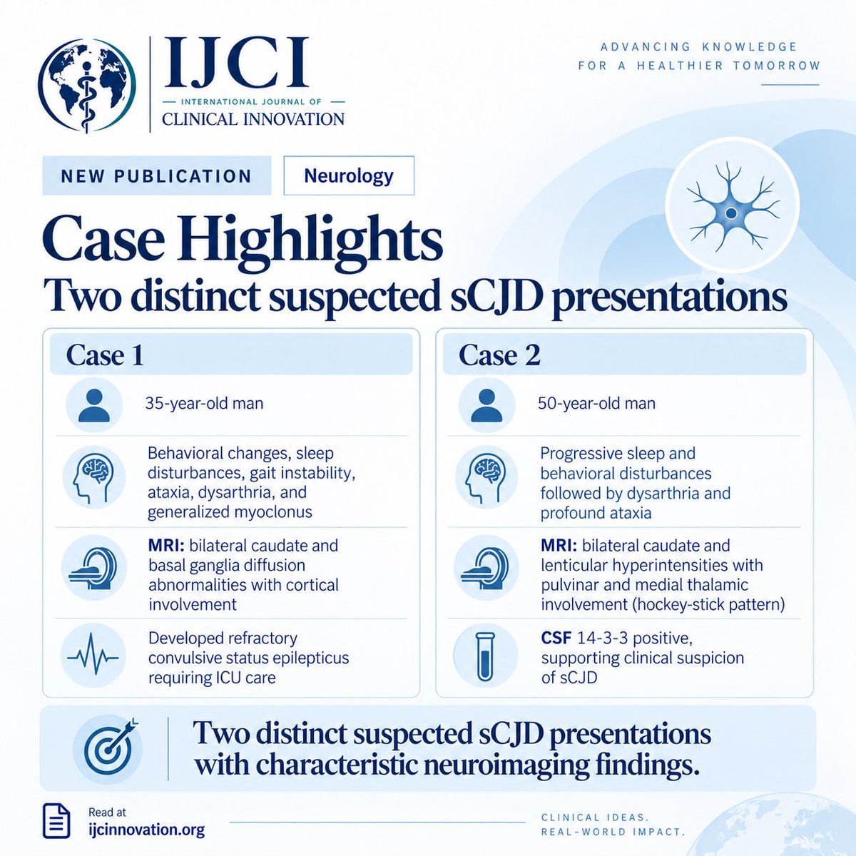IJCInnovation's tweet photo. New publication in IJCI 🧠
Sporadic Creutzfeldt-Jakob Disease: a case series highlighting refractory convulsive status epilepticus and an ataxic variant in a health care provider.
🔗 https://t.co/OOD1t8v7c1
#Neurology #CJD #ClinicalResearch https://t.co/AfCQ1FWUYR