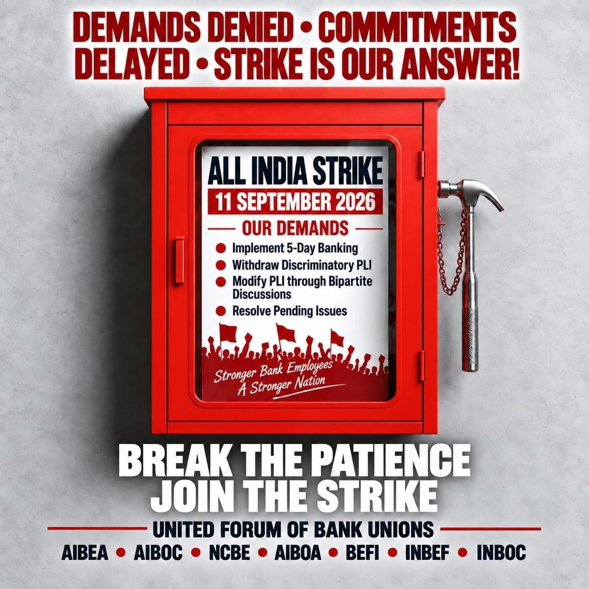 Shaikshava97872's tweet photo. Demands denied, Commitments delayed Strike is our Answer #Strikecall #11september2026  #5daybanking #5DaysWorkWeek https://t.co/pPTazuK6T6