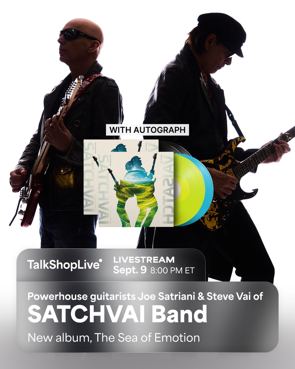 chickenfootjoe's tweet photo. Catch Joe & @stevevai LIVE on @TalkShopLive tomorrow, September 9, at 8 PM EST as they dive into all things The Sea of Emotion! 🌊 🎸

You’ll be able to pre-order an exclusive signed copy of the new record and chat with Joe & Steve during the stream. ✍️💭

You won’t want to miss it — get notified when the stream goes live by visiting https://t.co/nwnHRuSE55

#JoeSatriani #SteveVai #SATCHVAI