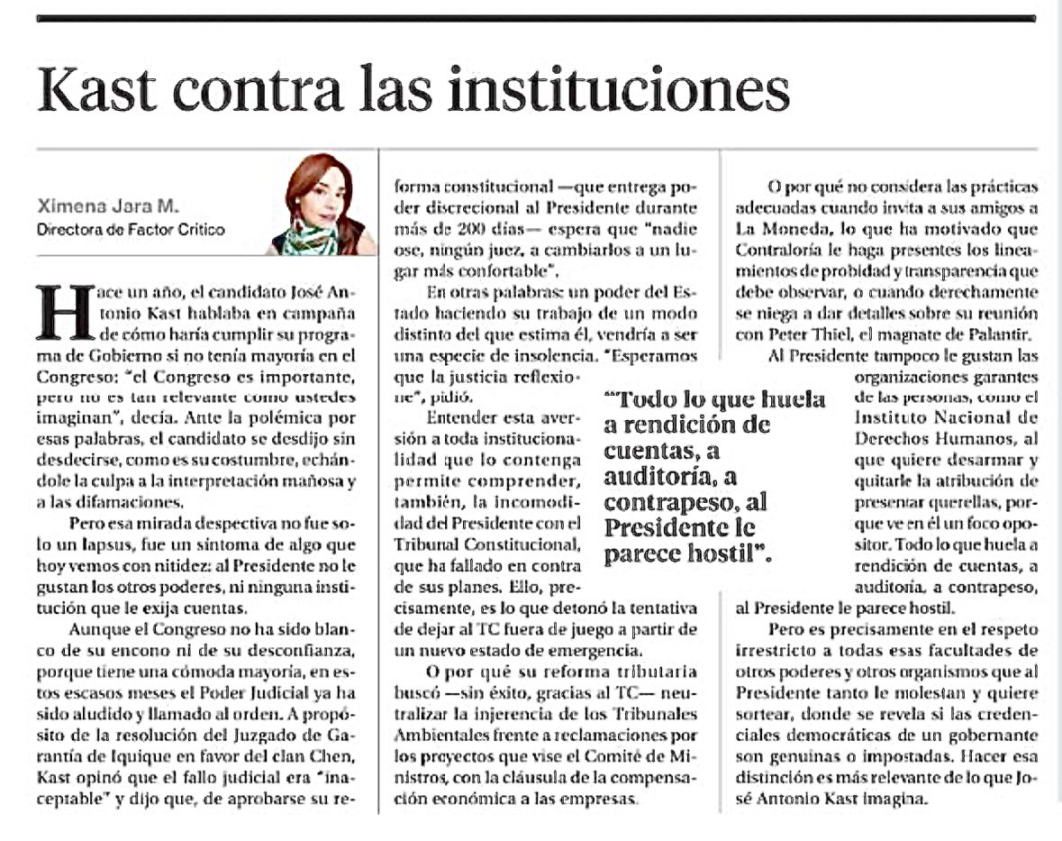 cronopioaustral's tweet photo. El presidente de la República tiene una guerra contra las instituciones porque la idea de ser vigilado, contrapesado, contenido, le parece hostil.
 Palabrea a los jueces, quiere saltarse el TC y los tribunales ambientales, quiere neutralizar el INDH y olvidar a la Contraloría. 👇 https://t.co/AfZukqt7wE