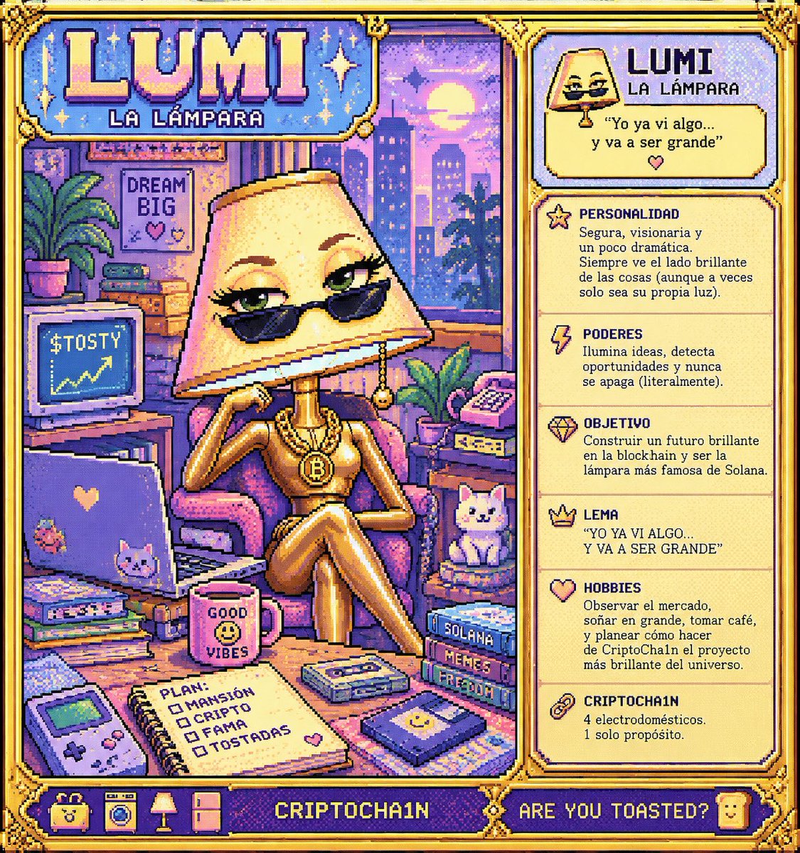 criptocha1n's tweet photo. 💡 CONOZCAN A LUMI.

Ella dice que “ya vio algo…”

Le preguntamos qué vio.

No quiso decirnos.

Le preguntamos si era importante.

Se prendió.

…y ahora está pidiendo una oficina con vista al mar. 😂

LUMI — La lámpara de CriptoCha1n.

🍞 Tosty tosta.
🧺 Washy lava.
💡 Lumi ve el futuro.
🧊 Friggo sigue frío.

¿Qué creen que vio Lumi? 👀