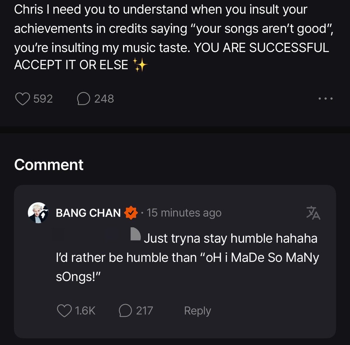 skzsfans's tweet photo. 💖: Chris I need you to understand when you insult your achievements in credits saying “your songs aren’t good” you’re insulting my music taste. You are successful accept it or else ✨

🐺: Just tryna stay humble hahaha I’d rather be humble than “oH i MaDe So MaNy sOnGs!” https://t.co/0nXRFTEwTU