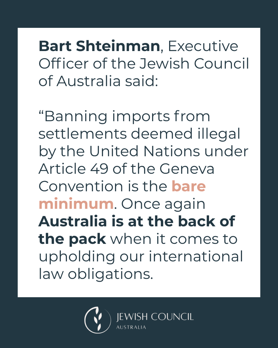 jewishcouncilAU's tweet photo. The Jewish Council supports the decision of the 12 countries who have put trade restrictions on illegal Israeli settlements and urges the Australian government to do the same and then go further, imposing country-level sanctions. https://t.co/IXCO7n1FWk https://t.co/P9QPtrMTaX