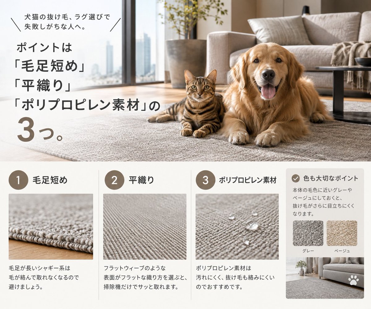 pet_sumai's tweet photo. 犬猫の抜け毛、ラグ選びで失敗しがちな人へ。

ポイントは「毛足短め」「平織り」「ポリプロピレン素材」の3つ。毛足が長いシャギー系は毛が絡んで取れなくなるので避けて、フラットウィーブのような表面がフラットな織り方を選ぶと、掃除機だけでサッと取れる。

色も本体の毛色に近いグレーやベージュにしておくと、抜け毛がさらに目立ちにくくなる。