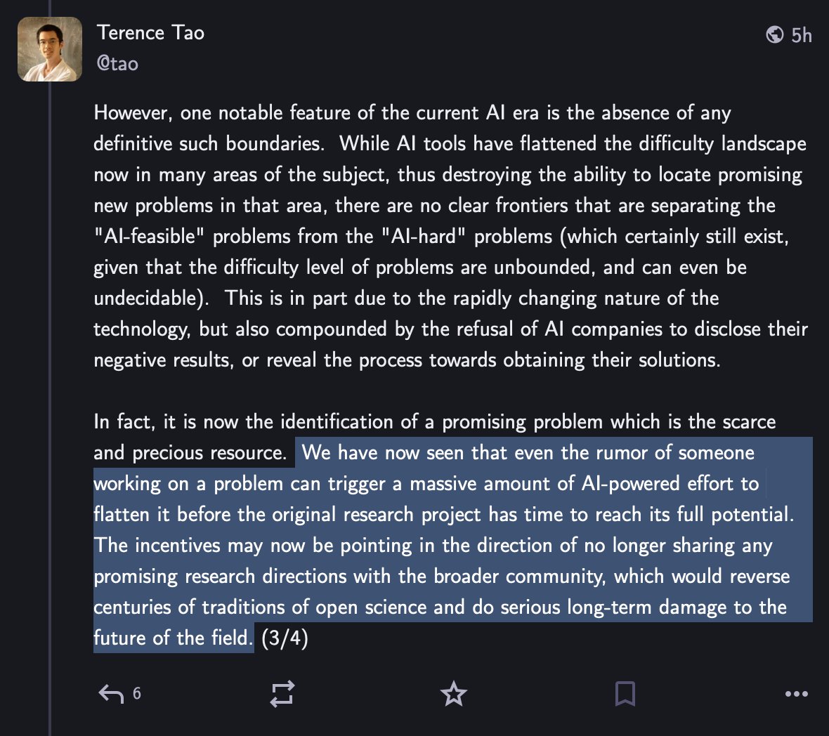 tyler_johnston's tweet photo. My takeaways from today: OpenAI did a biblically-awesome thing (proposing a solution to Navier-Stokes!) with less-than-pure motives to say the least (beating an independent duo loosely affiliated with Anthropic to the punch) while probably not violating serious side constraints (deliberately cheating) while seemingly violating some minor ones (putting weird pressure on the duo in their offer of authorship) -- and plausibly, but perhaps not likely, benefiting from training on the usage data of the duo, who presumably had the disadvantage of working slowly over a year and not dropping however-many-millions on it over the course of a single week.

I don't know how the mathematics community will or should respond, but I do find Terry Tao's take a bit concerning: