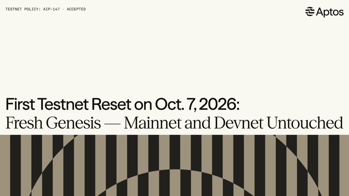 Aptos's tweet photo. The first Testnet reset is scheduled for October 7.

Testnet returns to a fresh genesis: deployed contracts, test accounts, balances, and history are cleared and need to be redeployed.

No effect on Mainnet or Devnet. https://t.co/s20vho7gtm