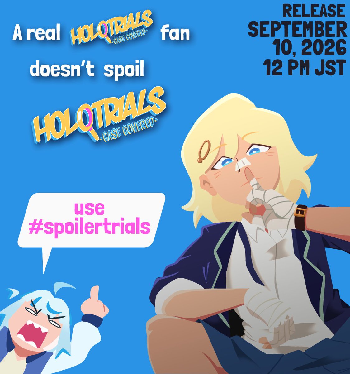 HoloTrials's tweet photo. ⚖️ HoloTrials: Case Covered officially launches 
Sept 10 at 12:00 PM JST on Steam!

Post all plot spoilers &amp; case reactions under #spoilertrials 
Mute the tag if you want a blind playthrough! 
Thank you! 🔍 https://t.co/w9Vfpqd4JL