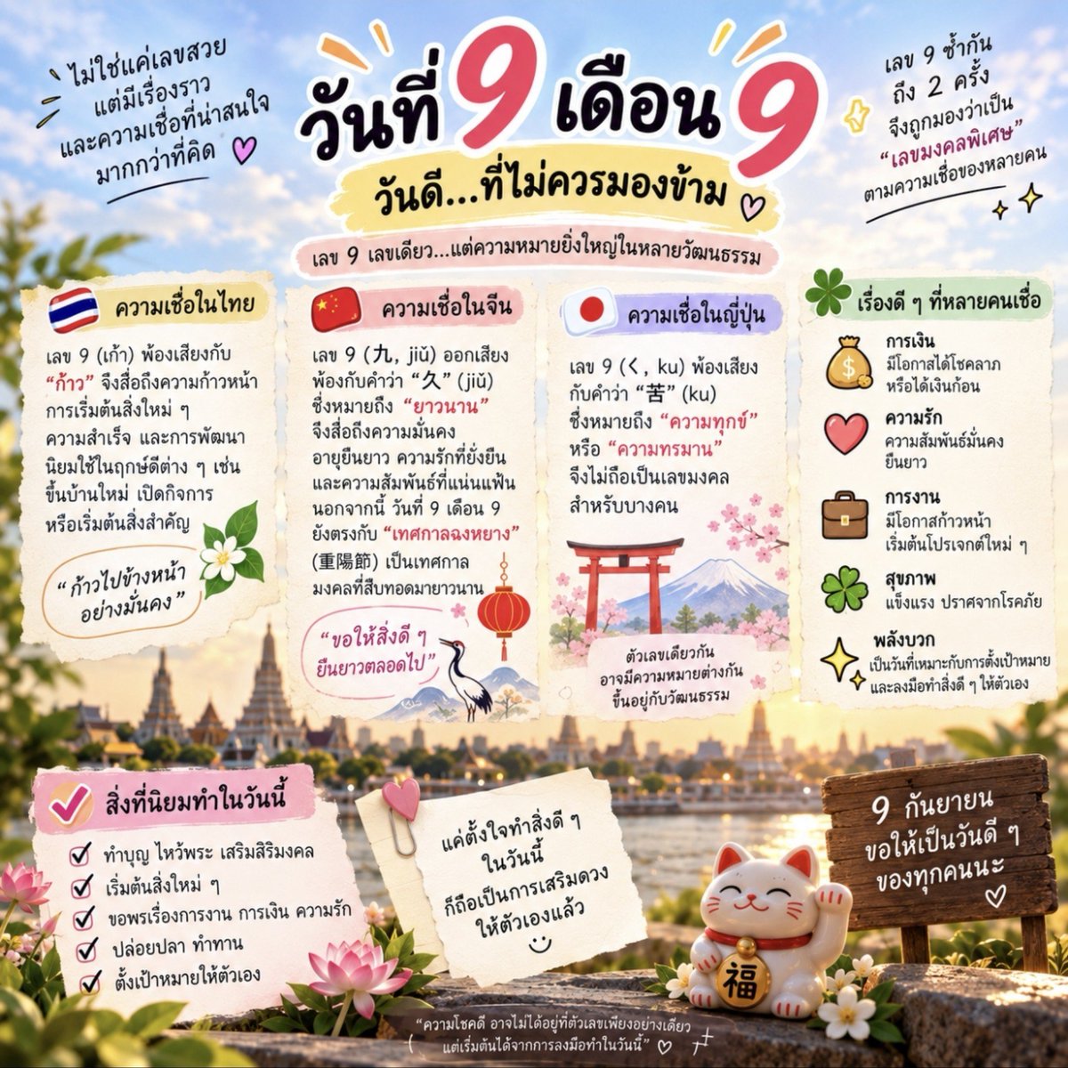 MxPrxmx's tweet photo. 9/9 ไม่ได้มีแค่โปรลดราคา

แต่ยังเป็นวันที่เลข 9 ปรากฏซ้ำกันถึง 2 ครั้ง

เลขที่คนไทยเชื่อว่าแปลว่า “ก้าวหน้า”
คนจีนเชื่อว่าเกี่ยวกับ “ความยืนยาว”

เลยไม่แปลกที่หลายคนจะถือโอกาสวันนี้
เริ่มต้นอะไรใหม่ ๆ ทำบุญ หรืออวยพรให้ตัวเอง

เพราะถึงไม่รู้ว่าโชคดีจริงไหม
แต่อย่างน้อย 9/9 ก็เป็นข้ออ้างดี ๆ ที่จะเริ่มต้นสิ่งดี ๆ อีกครั้ง 🙂