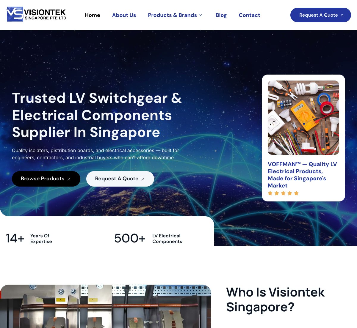 rezultweb's tweet photo. Visiontek supplies low-voltage switchgear to contractors and engineers across Singapore — a broad catalog of trusted brands plus their own line. We built a clean B2B site on one reusable template, with every page pointing to a quote request. Simple, credible, built to turn https://t.co/vEcB7L5LgZ