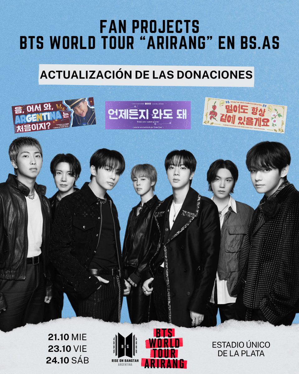 RiseOnBangtanAr's tweet photo. ¡ARGMY 🇦🇷!

Les traemos una actualización sobre la situación de los banners para los 3 shows del BTS WORLD TOUR “ARIRANG” en nuestro país 🇦🇷. 

👉🏼 Para poder llegar a la meta nos encontramos llevando acabo una serie de acciones:
• Estamos realizando y participando de eventos.
• Tenemos activa una rifa con 6 premios.
• Habilitamos un alias para recibir donaciones de quienes quieran/puedan ayudar.

Actualmente nos encontramos muy lejos de lograr el objetivo, pero continuamos trabajando para lograrlo у esperamos que nos puedan acompañar 🙌🏼

ℹ️ Para cumplir con los tiempos de impresión y corte debemos contar con el monto total para el lunes 12 de octubre.

🙂‍↕️ Por otro lado, quienes deseen imprimir los banners por su cuenta pueden encontrar los PDF correspondientes a cada fecha en nuestro fijado, el de @argmyprojects y las cuentas de los fanclubs que forman parte de este proyecto. ¡Y cualquier duda, nos escriben!

#BTS #방탄소년단 @BTS_twt @bts_bighit