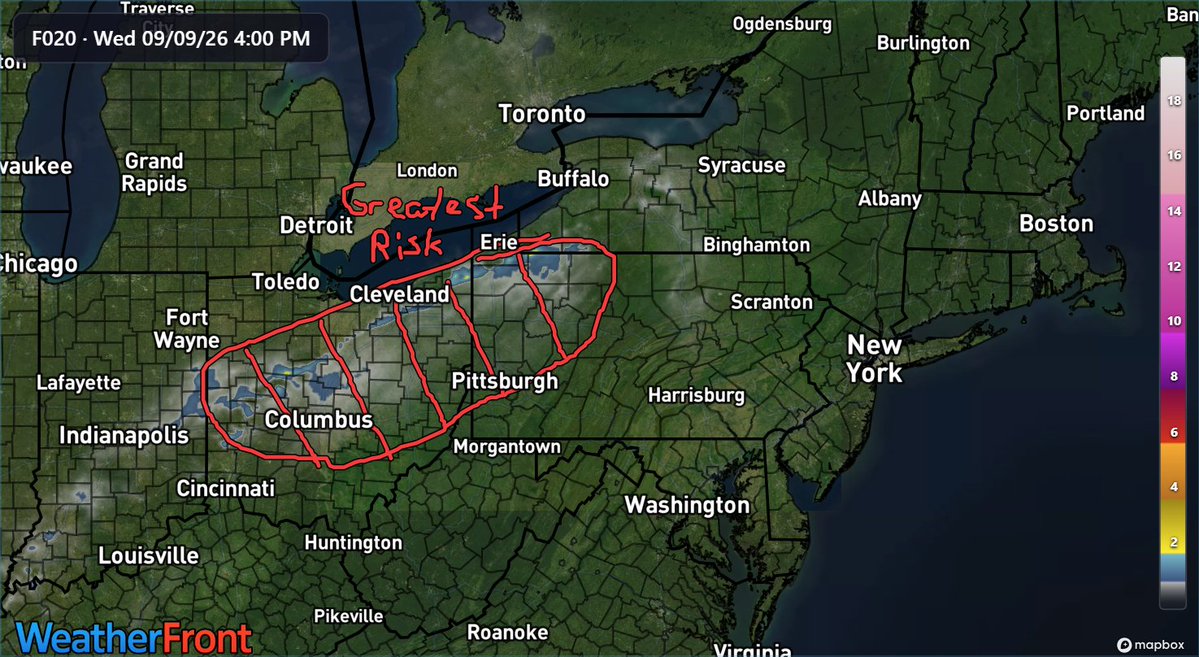 AppalachiaWx's tweet photo. Severe Weather Update!!!

Summary: 

As mentioned in our post this afternoon, there is a risk of severe weather across parts of our region tomorrow afternoon and evening. At this point, it appears that the highlighted region has the highest risk for severe weather based on the latest HRRR model guidance. This includes a corridor from western Ohio through Western Pennsylvania. In this region, damaging winds wlll be the primary hazard from any severe storms, though an isolated tornado cannot be ruled out. We will update the forecast again tomorrow to analyze any new changes to the forecast. 

#pawx #OHwx #SevereWeather #WeatherUpdate