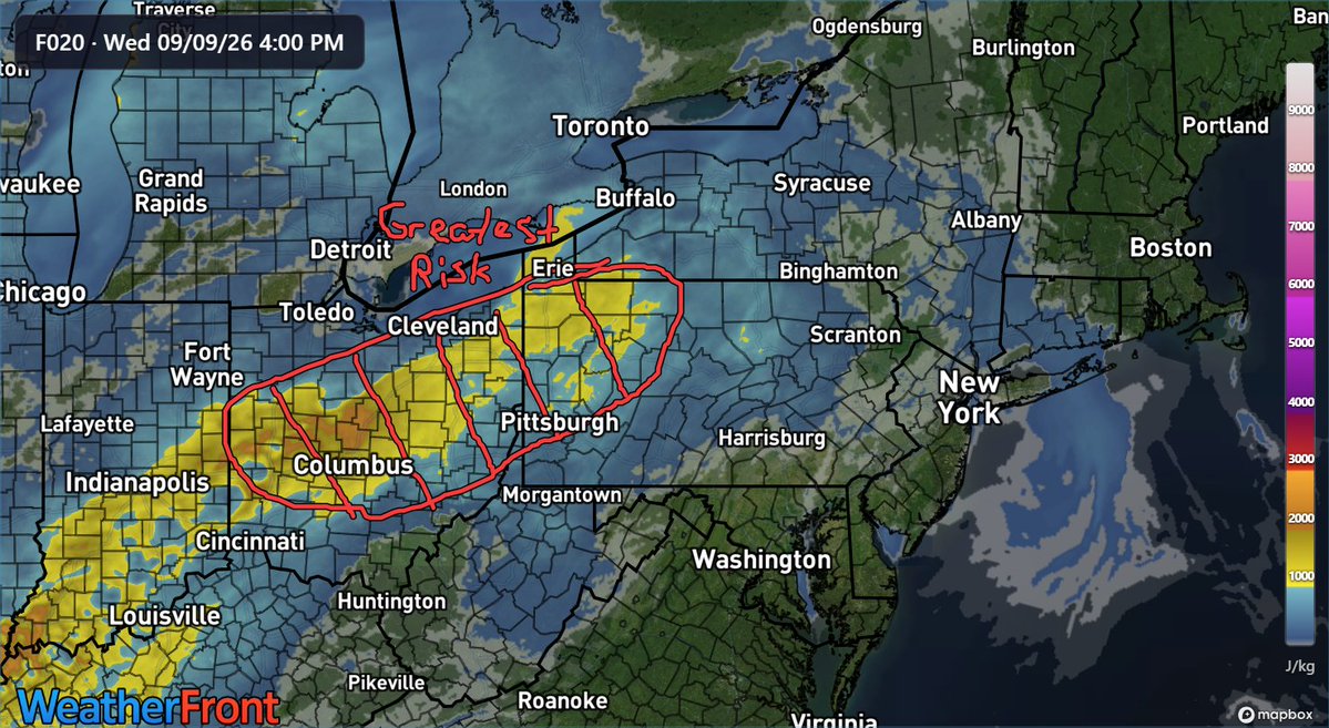 AppalachiaWx's tweet photo. Severe Weather Update!!!

Summary: 

As mentioned in our post this afternoon, there is a risk of severe weather across parts of our region tomorrow afternoon and evening. At this point, it appears that the highlighted region has the highest risk for severe weather based on the latest HRRR model guidance. This includes a corridor from western Ohio through Western Pennsylvania. In this region, damaging winds wlll be the primary hazard from any severe storms, though an isolated tornado cannot be ruled out. We will update the forecast again tomorrow to analyze any new changes to the forecast. 

#pawx #OHwx #SevereWeather #WeatherUpdate