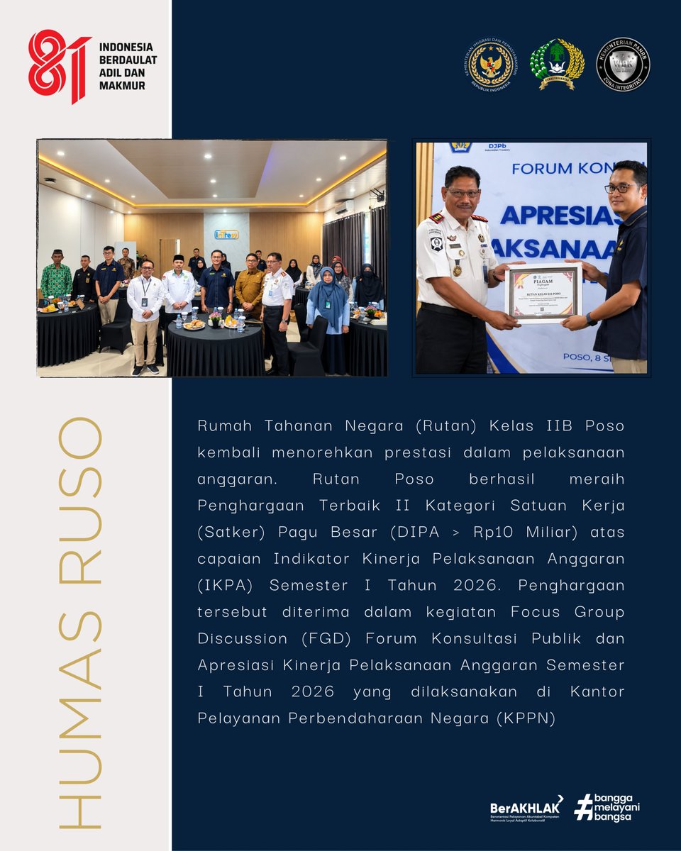 PosoRutan's tweet photo. Rutan Poso Raih Terbaik II IKPA Semester I 2026, Bukti Komitmen Pengelolaan Anggaran yang Akuntabel

Selengkapnya; https://t.co/3q9MrwPf9L

#RutanPoso #Kemenimipas #IKPA2026 #KinerjaAnggaran #Pemasyarakatan https://t.co/Glap5kzHkH