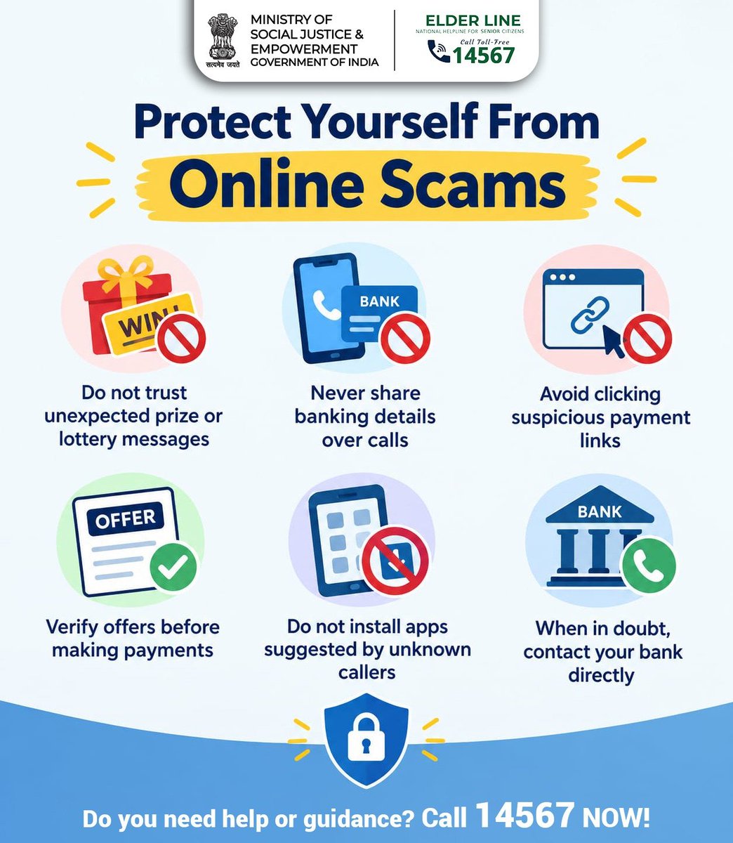 MSJEGOI's tweet photo. Senior Citizens, stay alert to online scams. Never share banking details. Call 14567 for guidance. #ElderLine

@PMOIndia @narendramodi @AmitShah @Drvirendrakum13 @RamdasAthawale @blvermaup @PIB_India @mygovindia @MIB_India @NISD_India @nskfdc @NSFDC_MOSJE @nbcfdc https://t.co/jJuBTn7HWD