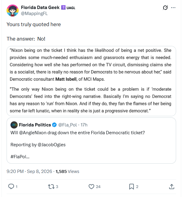 BadLibMaps's tweet photo. "Angie Nixon is a net positive for Florida Democrats."

Say whatever you want about the final margin for Florida Senate but it won't be competitive and Nixon is CERTAINLY not a good candidate. https://t.co/DKj9v18okl