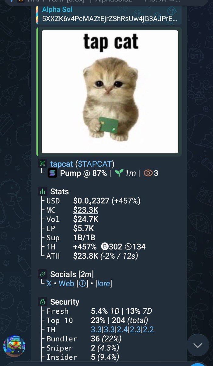 Alphasol023's tweet photo. watch your entry on $TAPCAT

5XXZK6v4PcMAZtEjrZShRsUw4jG3AJPrEdK3sd7ypump
#solanagem #memetoken #memecoin100x https://t.co/XshkmHRGZP