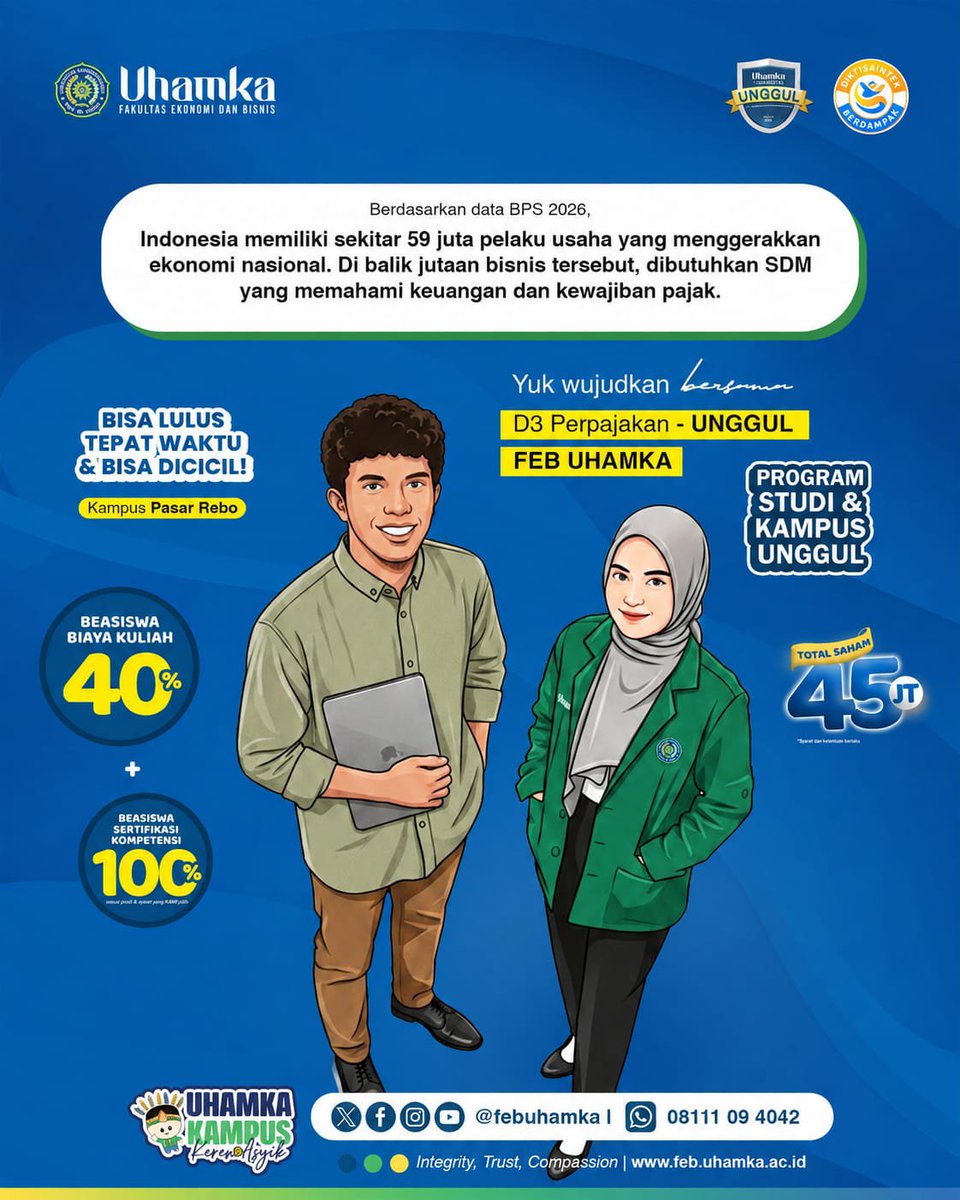 febuhamka's tweet photo. *🎓 D3 Perpajakan FEB UHAMKA – Prodi Akreditasi UNGGUL, Kampus UNGGUL**

Berdasarkan data BPS 2026, Indonesia memiliki sekitar 59 juta pelaku usaha yang menggerakkan perekonomian nasional. Di balik jutaan bisnis tersebut, dibutuhkan SDM yang memahami keuangan dan kewajiban pajak. https://t.co/dNFl118u9c