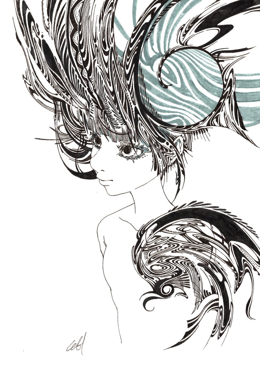 kamibukuro18's tweet photo. 渦模様の人物を描いた。 #ペン画 #人物画 #線画 https://t.co/SRiT68E20i