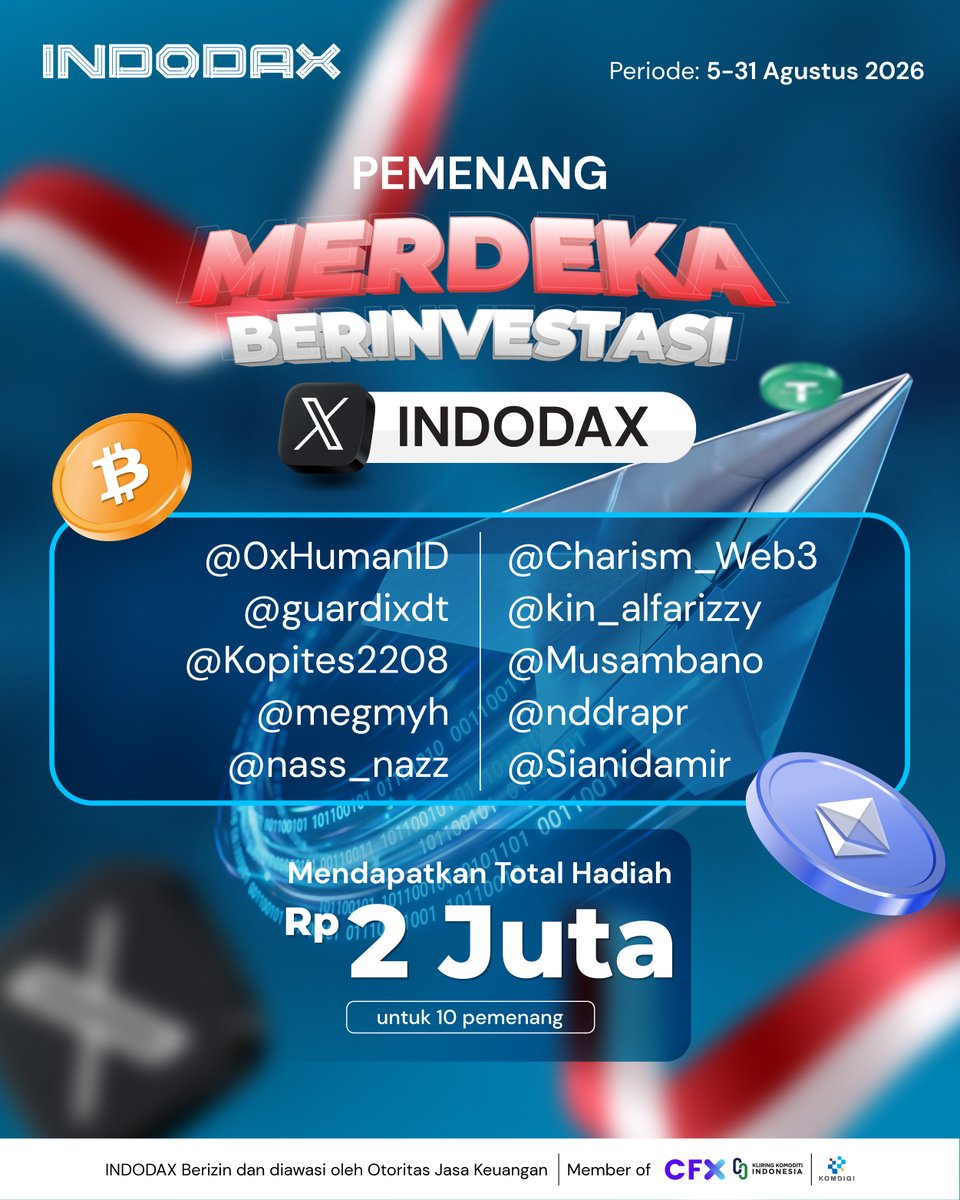 indodax's tweet photo. Selamat untuk para pemenang Merdeka Berinvestasi (5-31 Agustus 2026) di X @indodax🥳

Berikut adalah username para pemenang yang berhak mendapatkan masing-masing Rp200.000 dalam bentuk USDT 🎉
1. @0xHumanID
2. @guardixdt
3. @Kopites2208
4. @megmyh
5. @nass_nazz
6. @Charism_Web3
7. @kin_alfarizzy
8. @Musambano
9. @nddrapr
10. @Sianidamir

Pemenang akan dihubungi oleh tim kami melalui social media INDODAX

Terima kasih untuk yang sudah berpartisipasi. Buat yang belum beruntung, jangan bersedih, stay tune biar bisa ikutan event selanjutnya 😊

#INDODAX #AsetMasaDepan