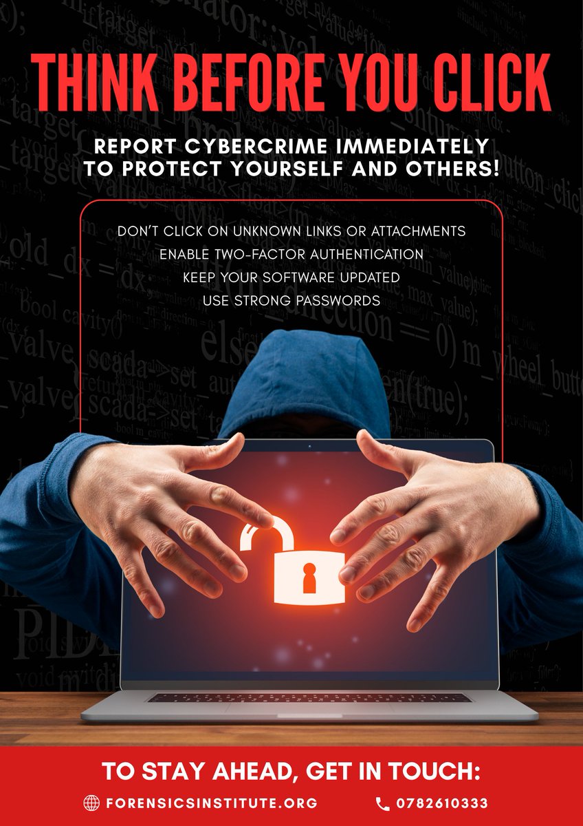 forensicsIFIS's tweet photo. Think before you click. One careless click can unlock everything — your passwords, your money, your peace of mind. Use strong passwords, keep your software updated, and report cybercrime immediately.🔒

Stay ahead:https://t.co/sWQo4uS1w0 
 #CyberAwarenessUG #IFISCyberSecurity2026 https://t.co/M7lt2THW6v