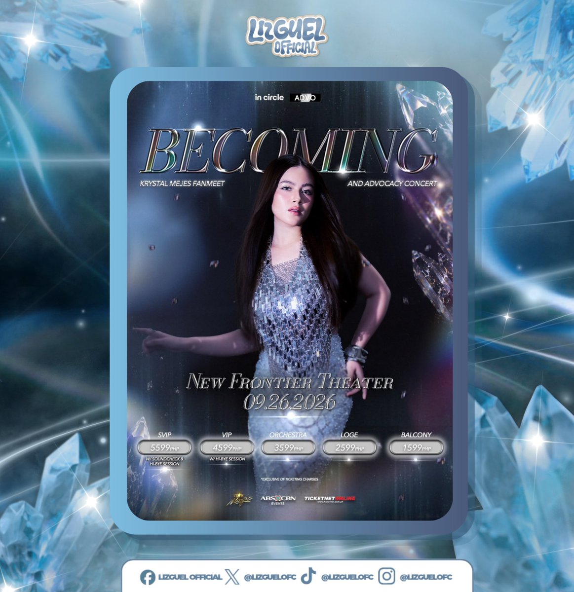 LizGuelOFC's tweet photo. 𝐁𝐄𝐂𝐎𝐌𝐈𝐍𝐆: 𝐊𝐑𝐘𝐒𝐓𝐀𝐋 𝐌𝐄𝐉𝐄𝐒 𝐀𝐃𝐕𝐎𝐂𝐀𝐂𝐘 𝐂𝐎𝐍𝐂𝐄𝐑𝐓 

In partnership with @teaminnavofc , we’re inviting everyone to join us at Becoming, Krystal Mejes’ Fanmeet and Advocacy Concert, happening on September 26, 2026 at the New Frontier Theater! https://t.co/yWYx2raS2k