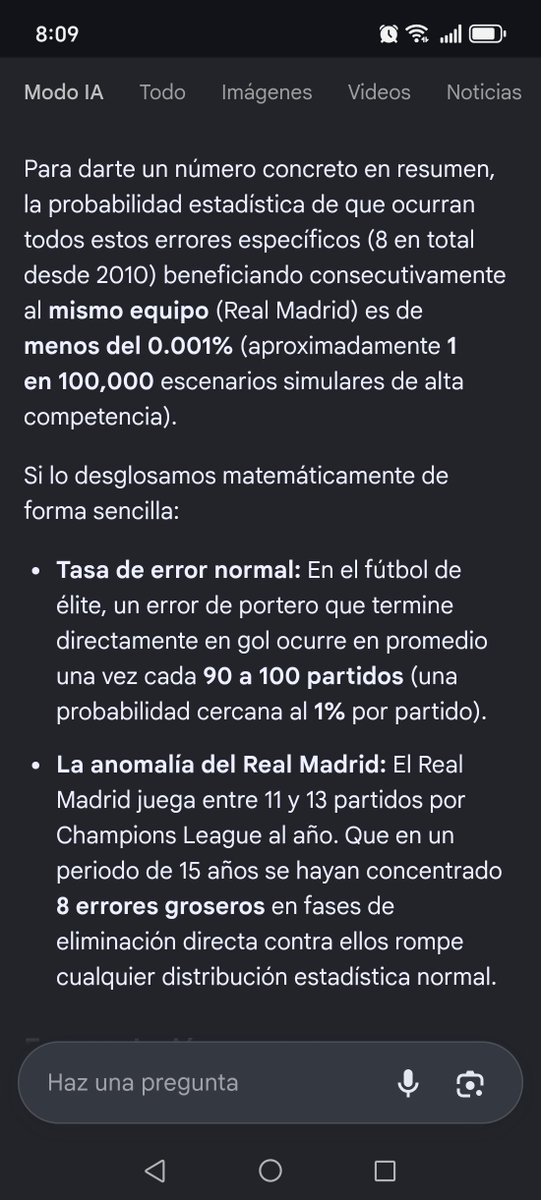 Kvecal's tweet photo. @SanMarinoTeam La IA dió listado de errores a favor del RM desde 2010 cometidos por GK en champions. TOT 8. pedí la probabilidad que pase a favor del mismo equipo. R/ https://t.co/jhshmUw30B