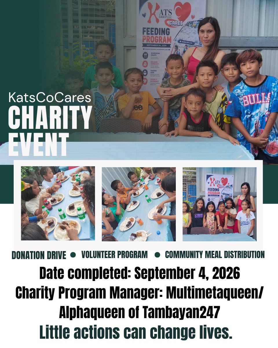 RachielAguilar's tweet photo. Little actions can create lasting change. 💚

On September 4, 2026, KatsCoCares brought together food, kindness and community through a simple feeding program for children. From donations to meal distribution, every helping hand made a difference.

This is more than giving a meal—it’s about sharing hope, empowering communities, and inspiring others to give back. 

Together, we can turn small acts of kindness into meaningful change.

Our website is now live: https://t.co/WsUDxXifds

@KatsCoGroup
@KatsCoStudio
@KatsDojo
@KatsCoNfts

#KatsCoCares #Charity #EmpoweringChange #GiveBack #CommunityLove