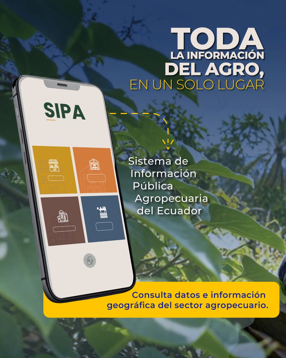 AgriculturaEc's tweet photo. 🌱📊 El Ministerio de Desarrollo Económico y Productivo, a través del SIPA, pone a tu alcance información sobre producción, precios, comercio exterior, indicadores, territorio y publicaciones del sector agropecuario. 🌾🇪🇨

���� Ingresa a: https://t.co/AqlRsCISq7

🌱 Más información para un agro que crece y transforma al Ecuador.