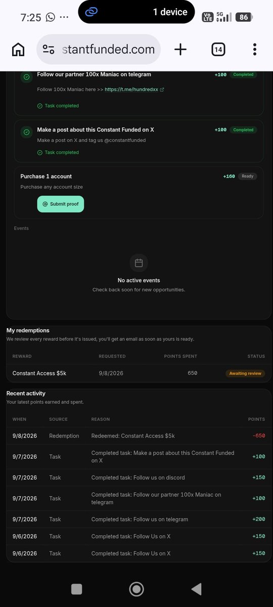 Devendr00834217's tweet photo. Hi @constantfunded Team,
​I redeemed the Constant Access $5k account using my reward points on September 8, 2026, but my dashboard status is still showing as "Awaiting review".
​Could you please check this?
​Registered Email: devendrakumarthakur46@gmail.com https://t.co/Gby2XOAkfR