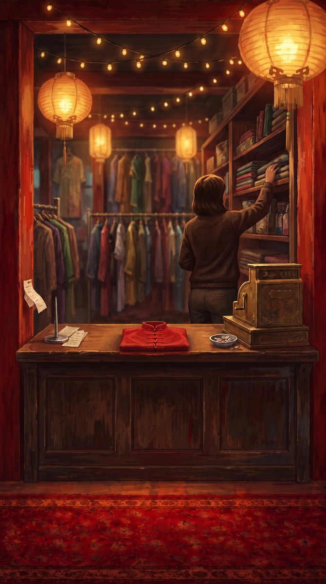 wjcnyc's tweet photo. Episode 22 is on the bench. Same deal as the last 21: one person, one locked workflow, a new episode every week.

The scariest thing in this pipeline is still the render queue.

Now the image, because it's worth talking about. It's the same shop as the fitting-room ghost frame, the red tang jacket folded on the counter where the gray arm was handing it back, the shopkeeper reaching up, the old brass register. As a story beat it's lovely: the "before" of that haunting.