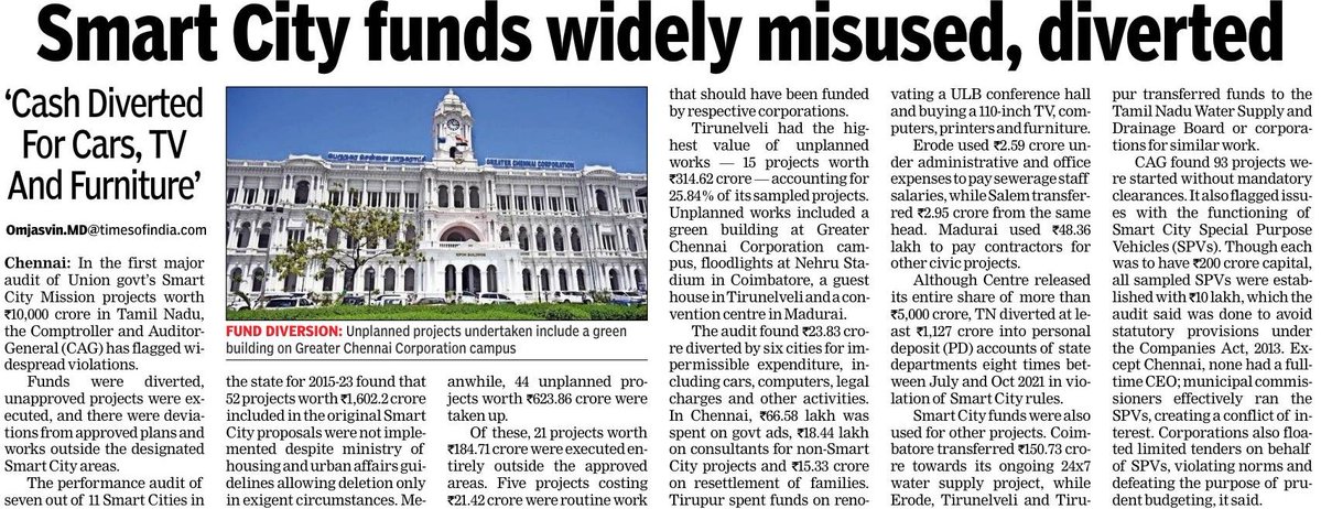 omjasvinMD's tweet photo. #Breaking: CAG has flagged large-scale misuse and diversion of Smart City funds in Tamil Nadu, with violations spanning two AIADMK and one DMK govt between 2015-23.

In its audit of 7 out of 11 TN cities, including Chennai, CAG found:
• 52 approved projects worth ₹1,602cr dropped
• 44 unplanned projects worth ₹624cr executed
• 21 projects worth ₹185cr outside approved areas
• ₹23.83cr spent on impermissible items including cars, TVs, furniture, ads and salaries, payment to contractors 
• ₹1,127cr diverted to govt PD accounts
• Funds delayed up to 960 days
• 93 projects started without mandatory clearances
• Coimbatore diverted ₹151cr to its water-supply project
• All sampled SPVs set up with just ₹10 lakh instead of mandated ₹200cr

CAG also flagged municipal commissioners running SPVs, limited tenders and potential conflicts of interest.