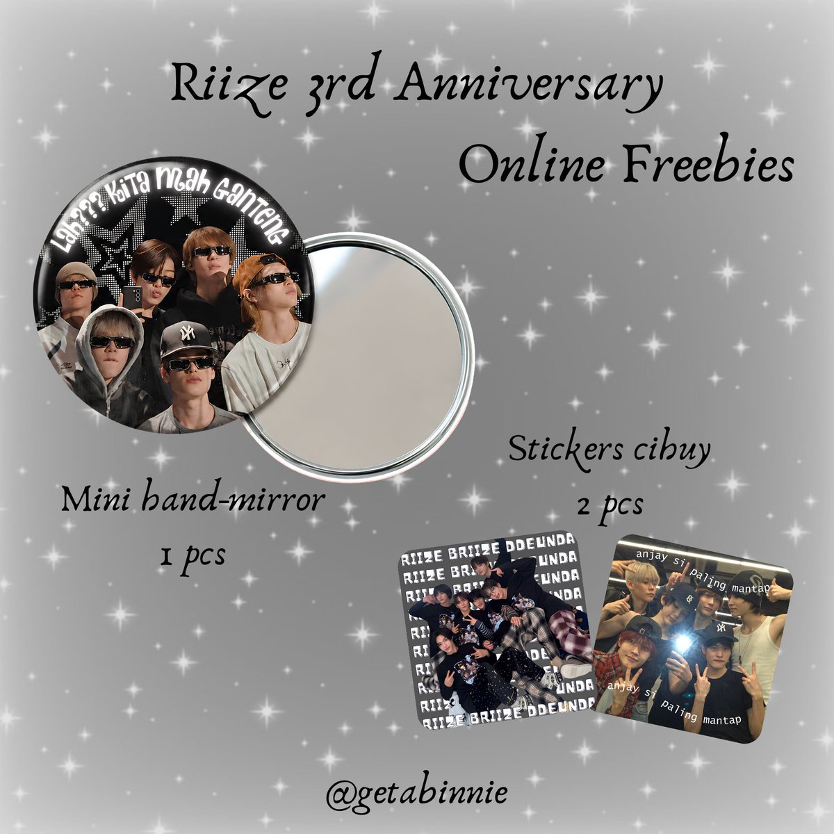 getabinnie's tweet photo. RIIZE 3rd Anniversary | freebies ganteng by @getabinnie

Mini hand-mirror ganteng laminasi doff

- satu akun satu ya gais
- set 8.409 [ no rf ] 
- co oren,  at 20.03 pm
https://t.co/py5VUOXZT4
- rt &amp; like are appreciated!

tag me if u get it 🎸 https://t.co/1pwpjT2wJ4