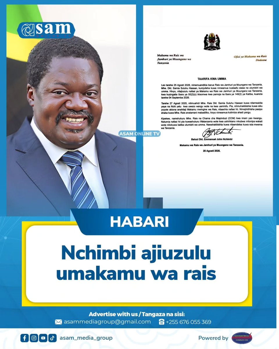 dievany1's tweet photo. Today, 25 August 2026, I informed President Samia Suluhu Hassan of my decision to retire from politics and public service. I will resign as Vice President of Tanzania effective 4 September 2026, in accordance with the Constitution. https://t.co/t8xr13jfqV