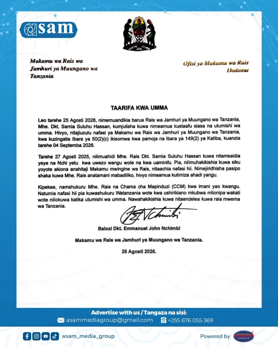 dievany1's tweet photo. Today, 25 August 2026, I informed President Samia Suluhu Hassan of my decision to retire from politics and public service. I will resign as Vice President of Tanzania effective 4 September 2026, in accordance with the Constitution. https://t.co/t8xr13jfqV